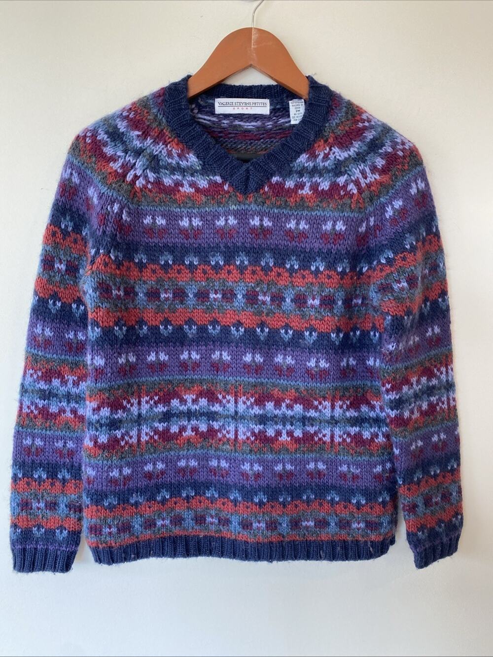 Valerie Stevens Vintage 90s Womens Hand Knit Fair Isle Chunky Wool Sweater Sz PM